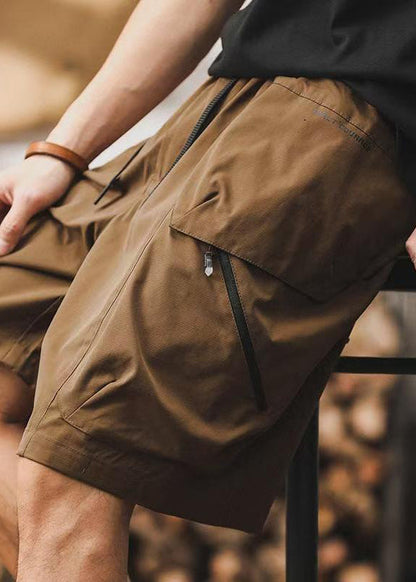 Coffee Pockets Zippered Elastic Waist Cotton Shorts Summer