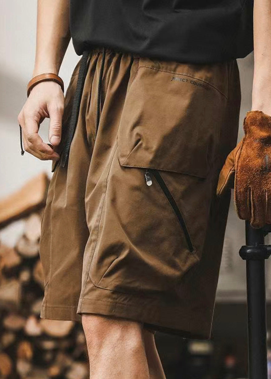 Coffee Pockets Zippered Elastic Waist Cotton Shorts Summer