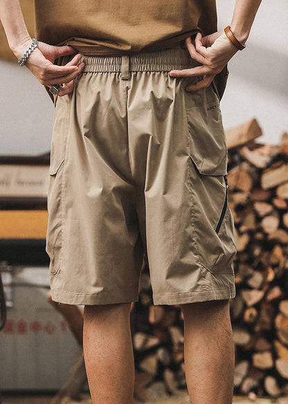 Coffee Pockets Zippered Elastic Waist Cotton Shorts Summer