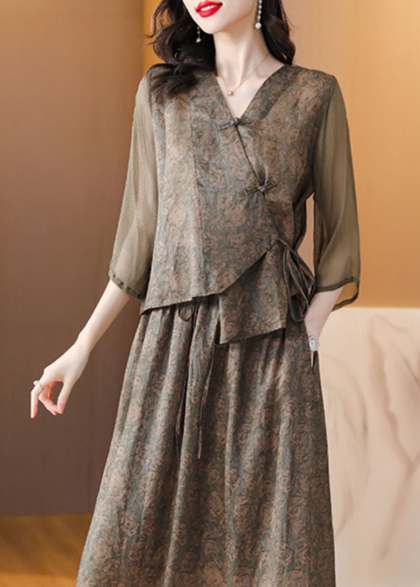 Coffee Print Chinese Button Lace Up Patchwork Linen Top Summer