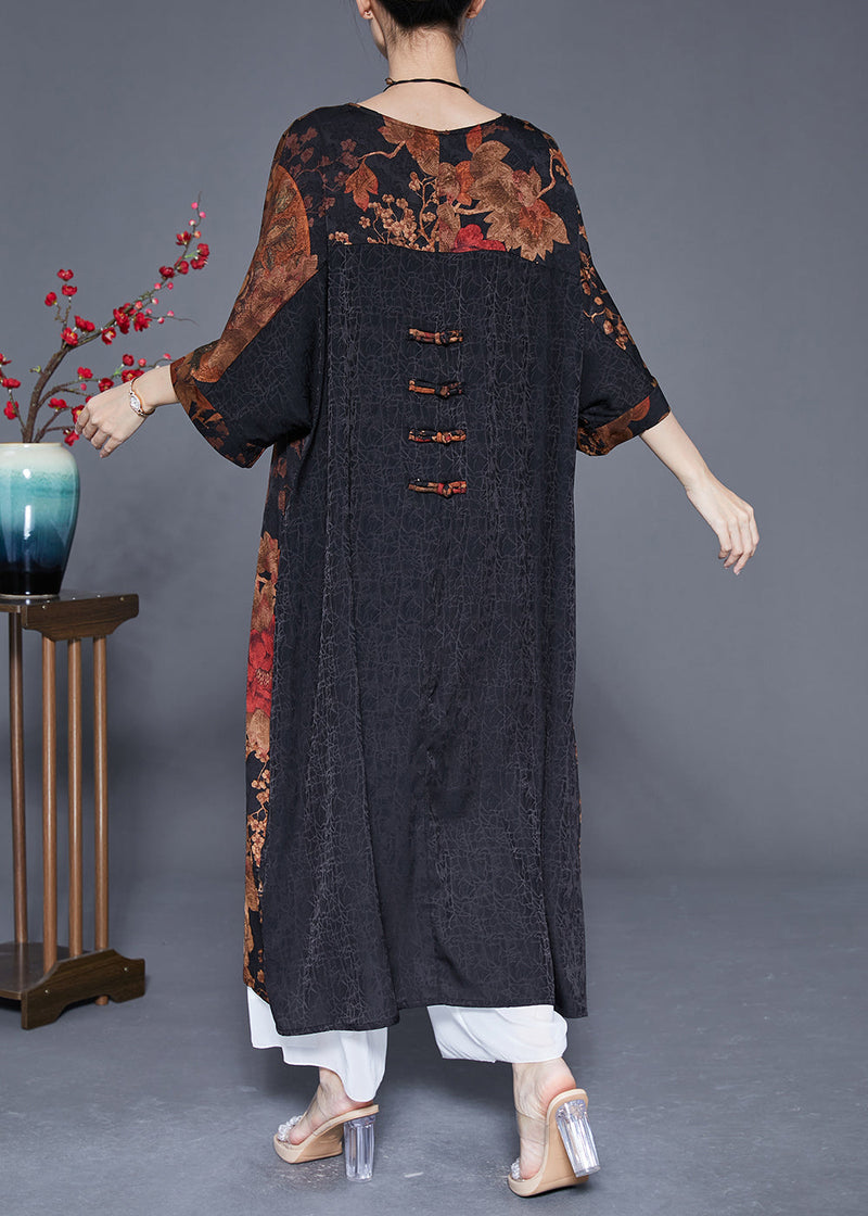 Coffee Print Patchwork Chinese Button Silk Vacation Dresses Summer