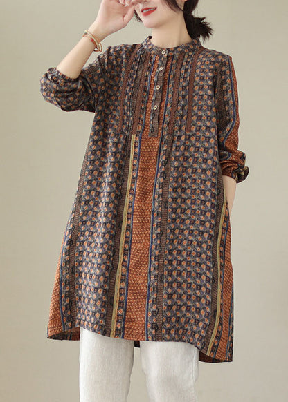 Coffee Print Patchwork Cotton Mid Shirts Dresses Spring