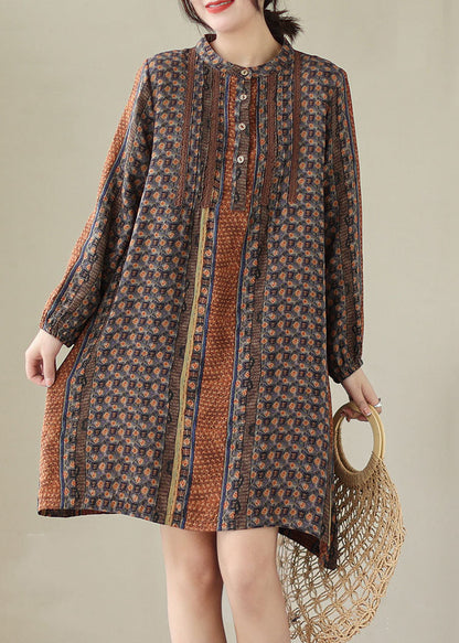 Coffee Print Patchwork Cotton Mid Shirts Dresses Spring