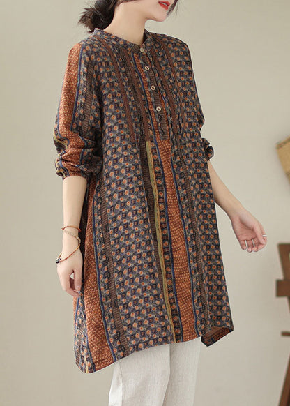 Coffee Print Patchwork Cotton Mid Shirts Dresses Spring
