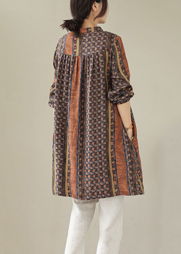 Coffee Print Patchwork Cotton Mid Shirts Dresses Spring