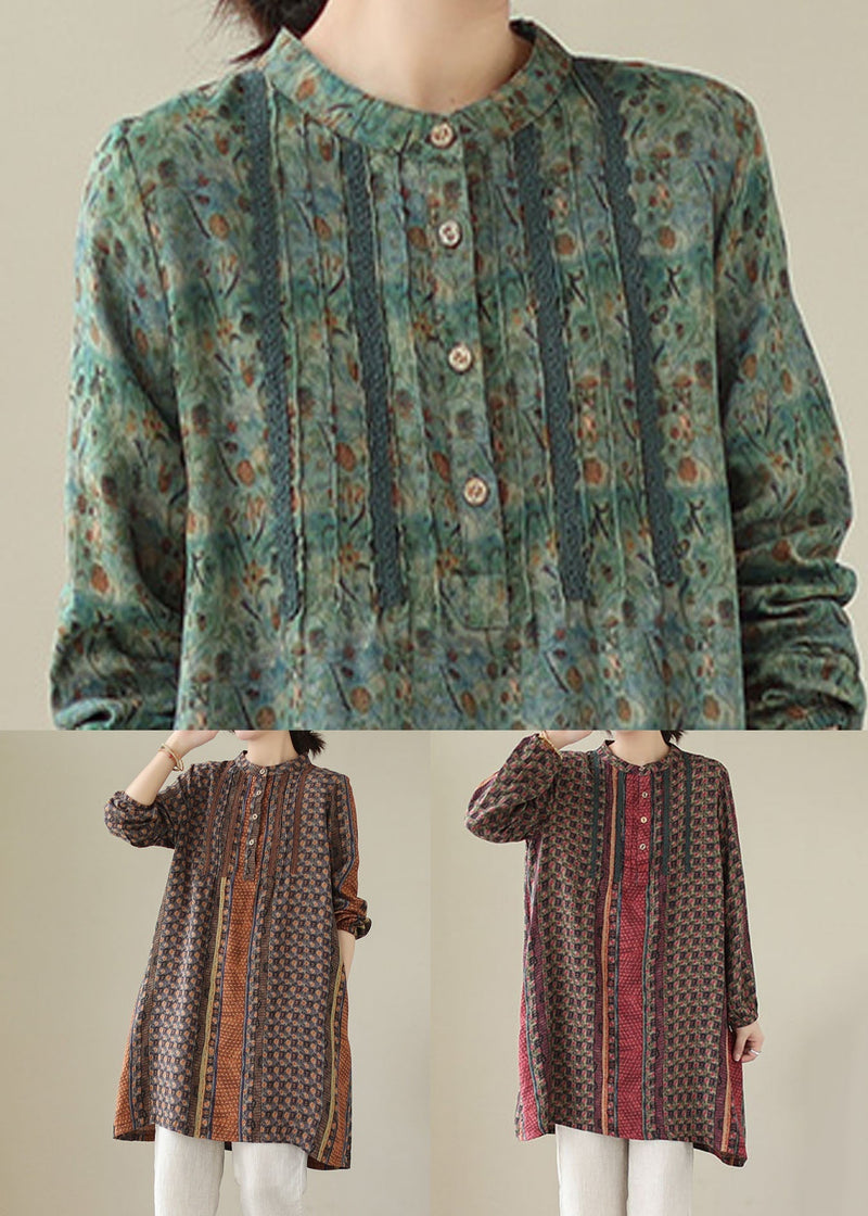 Coffee Print Patchwork Cotton Mid Shirts Dresses Spring
