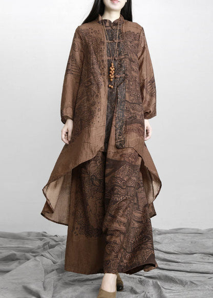 Coffee Print Patchwork Tops and Pants Silk Two Pieces Set Long Sleeve