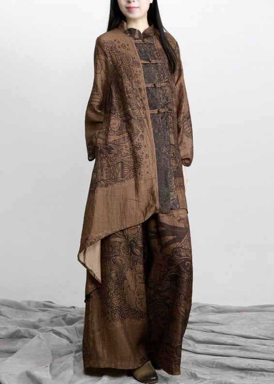 Coffee Print Patchwork Tops and Pants Silk Two Pieces Set Long Sleeve