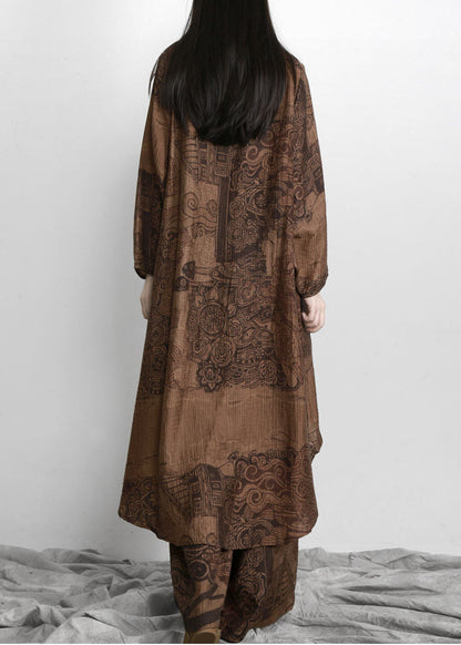 Coffee Print Patchwork Tops and Pants Silk Two Pieces Set Long Sleeve