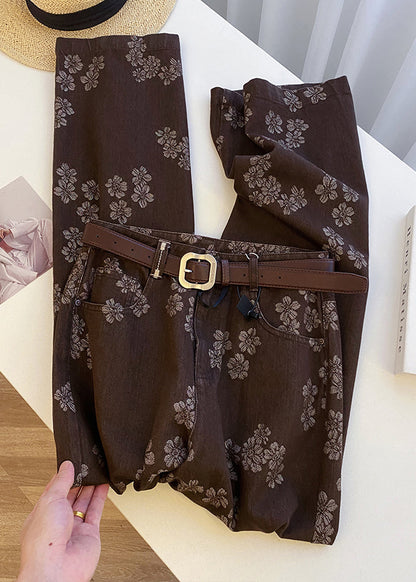 Coffee Print Pockets High Waist Denim Straight Pants Spring