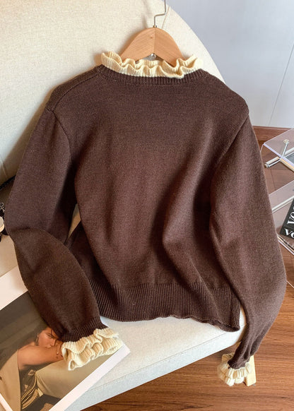 Coffee Ruffled Button Patchwork Knit Coats Winter