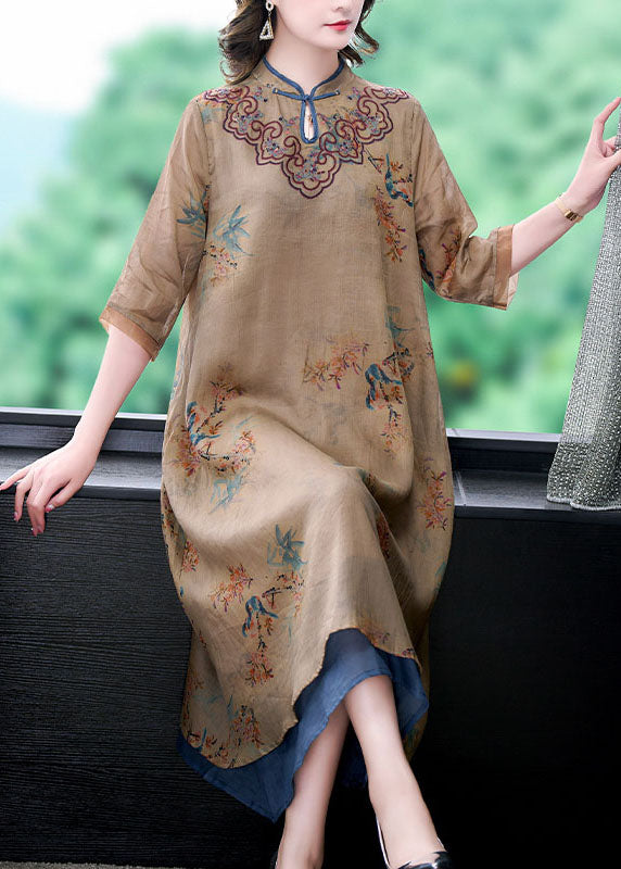 Coffee Stand Collar Embroideried Patchwork Linen Long Dresses Summer