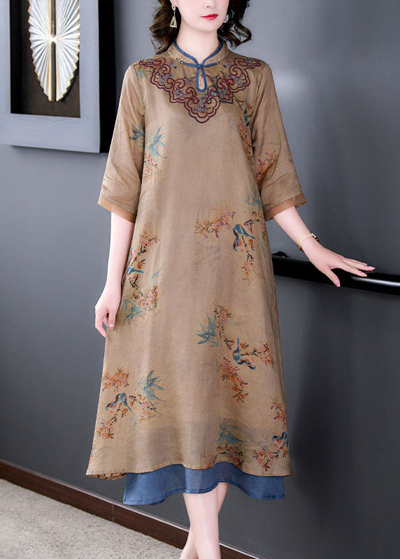 Coffee Stand Collar Embroideried Patchwork Linen Long Dresses Summer