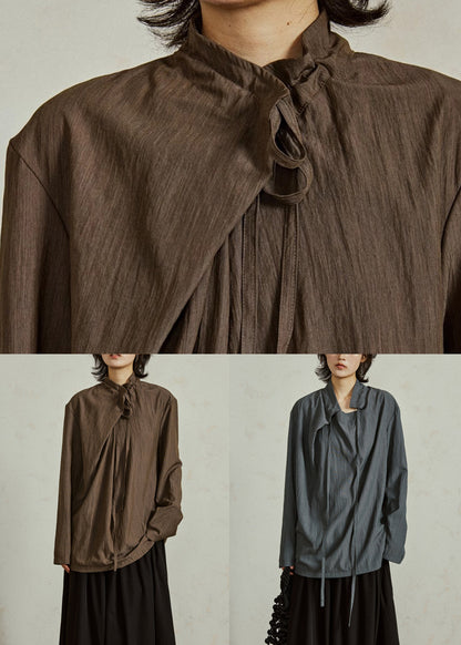 Vintage Coffee Stand Collar Lace Up Cotton Blouse Fall
