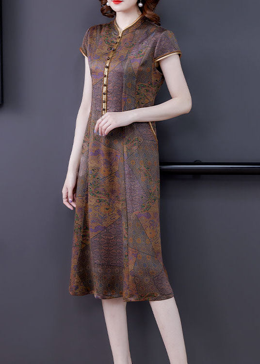 Coffee Stand Collar Print Button Patchwork Silk Dress Summer