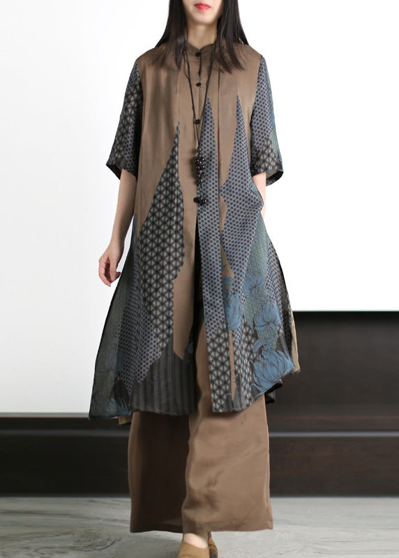 Coffee Stand Collar Print Silk Long Shirts and Wide Leg Pants Two Piece Set Summer