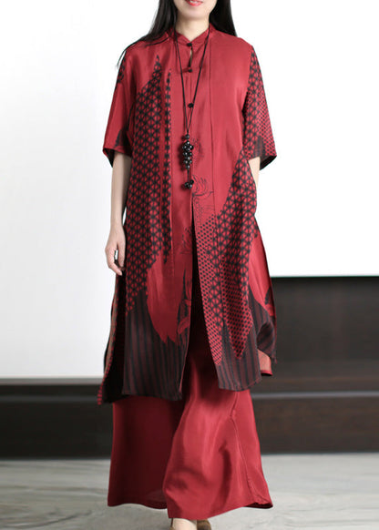 Coffee Stand Collar Print Silk Long Shirts and Wide Leg Pants Two Piece Set Summer