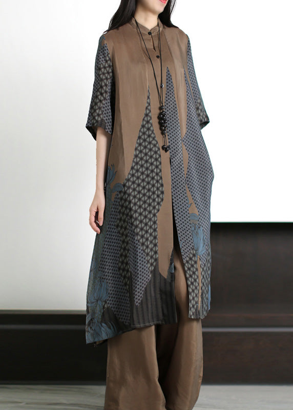 Coffee Stand Collar Print Silk Long Shirts and Wide Leg Pants Two Piece Set Summer
