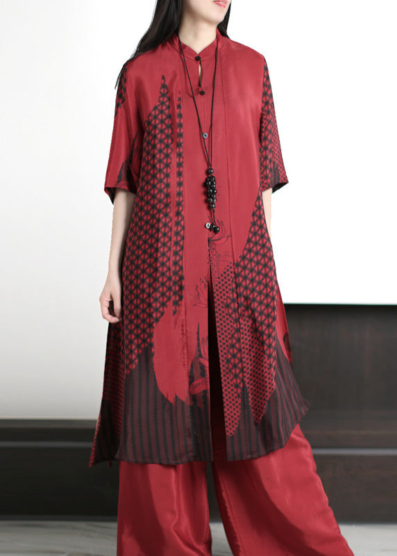Coffee Stand Collar Print Silk Long Shirts and Wide Leg Pants Two Piece Set Summer