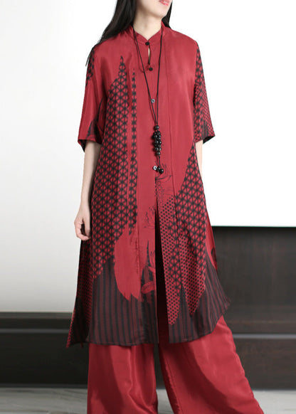 Coffee Stand Collar Print Silk Long Shirts and Wide Leg Pants Two Piece Set Summer