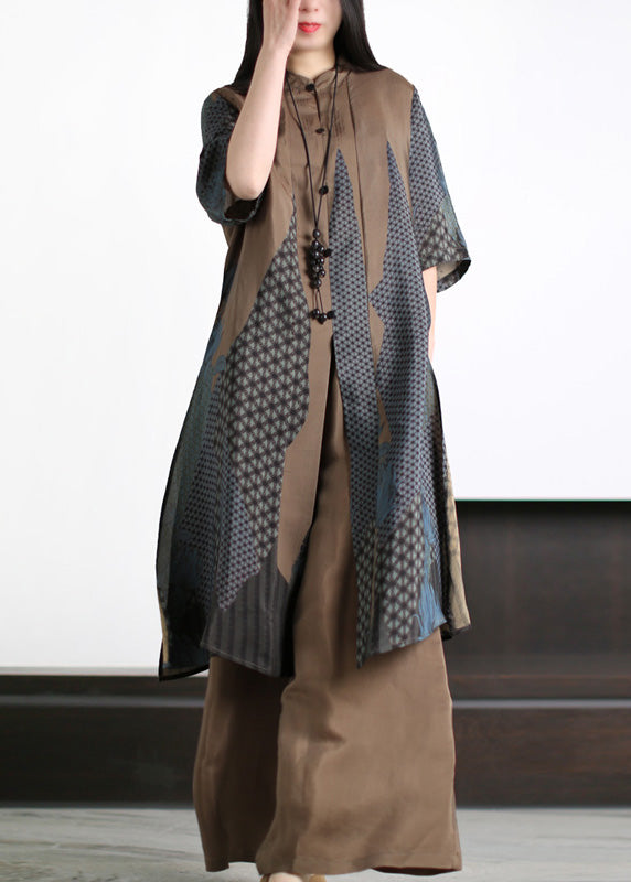 Coffee Stand Collar Print Silk Long Shirts and Wide Leg Pants Two Piece Set Summer