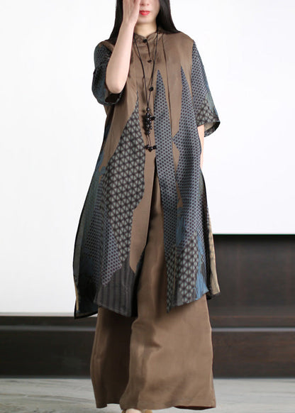 Coffee Stand Collar Print Silk Long Shirts and Wide Leg Pants Two Piece Set Summer