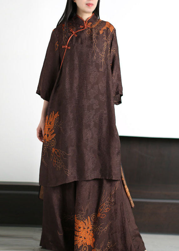 Coffee Stand Collar Print Tops and Pants Silk Two-piece Set Summer