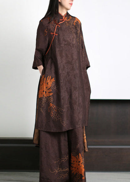 Coffee Stand Collar Print Tops and Pants Silk Two-piece Set Summer