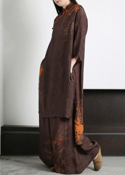 Coffee Stand Collar Print Tops and Pants Silk Two-piece Set Summer