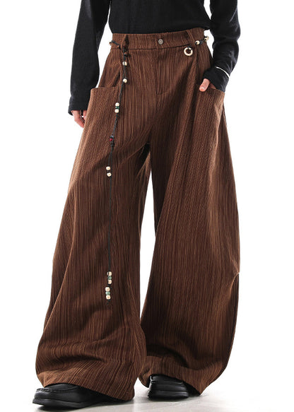 Coffee Striped Pockets High Waist Cotton Pants Fall