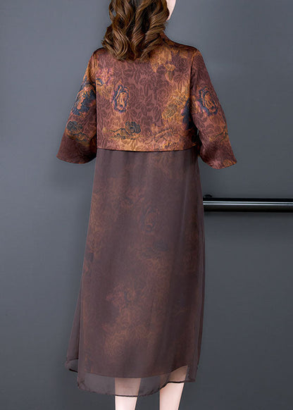 Coffee Tasseled Print Patchwork Silk Cardigan Summer