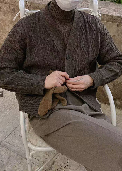 Coffee V Neck Button Cable Knit Coat Winter