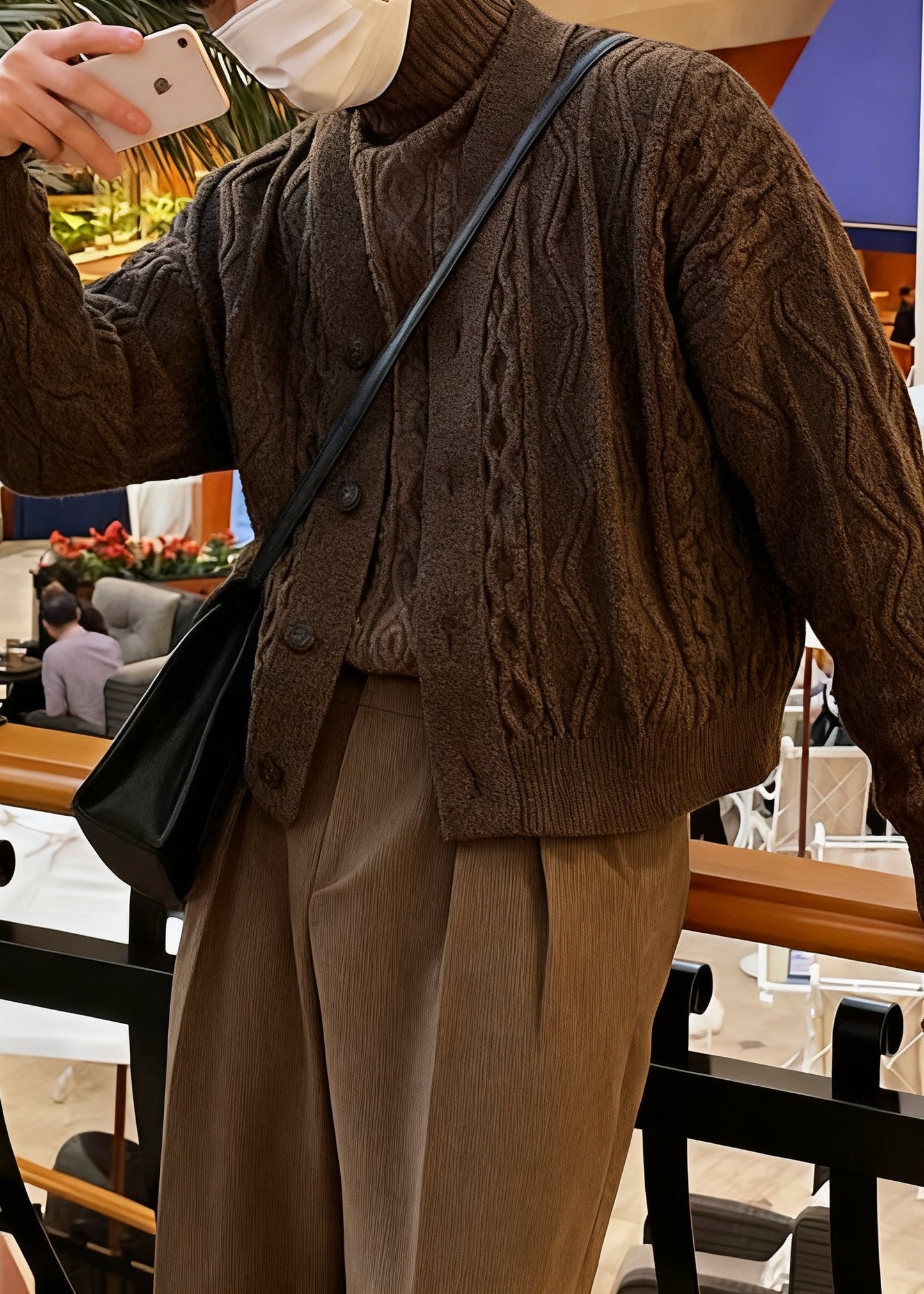 Coffee V Neck Button Cable Knit Coat Winter