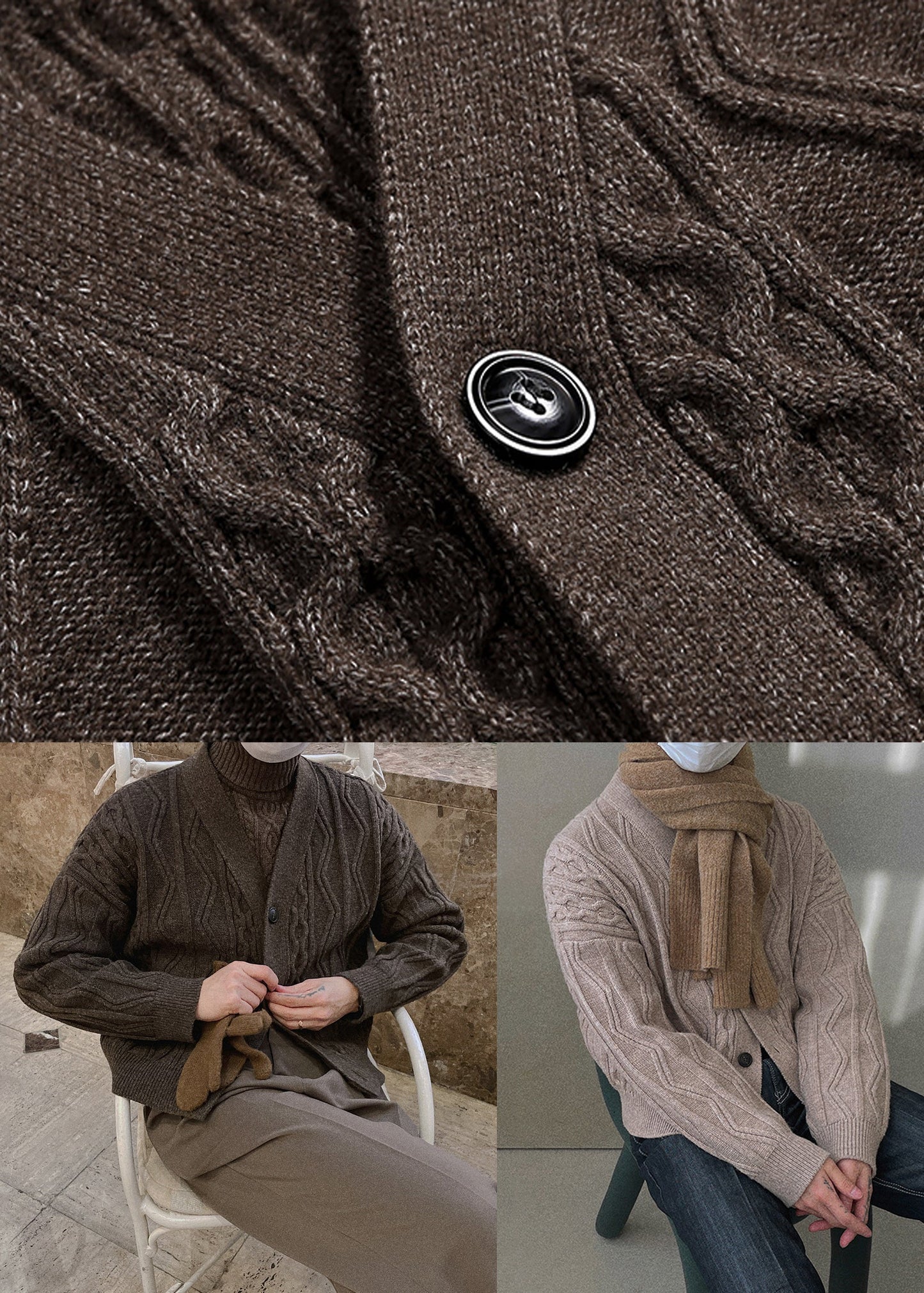 Coffee V Neck Button Cable Knit Coat Winter