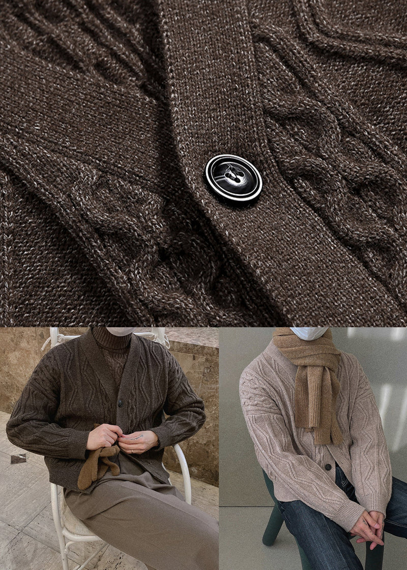 Coffee V Neck Button Cable Knit Coat Winter