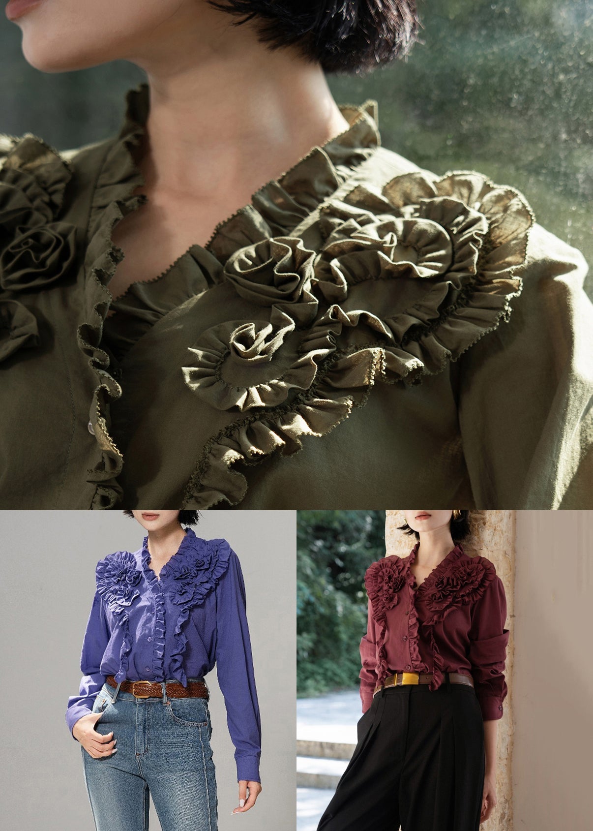 Vintage Coffee V Neck Ruffled Button Cotton Shirt Fall