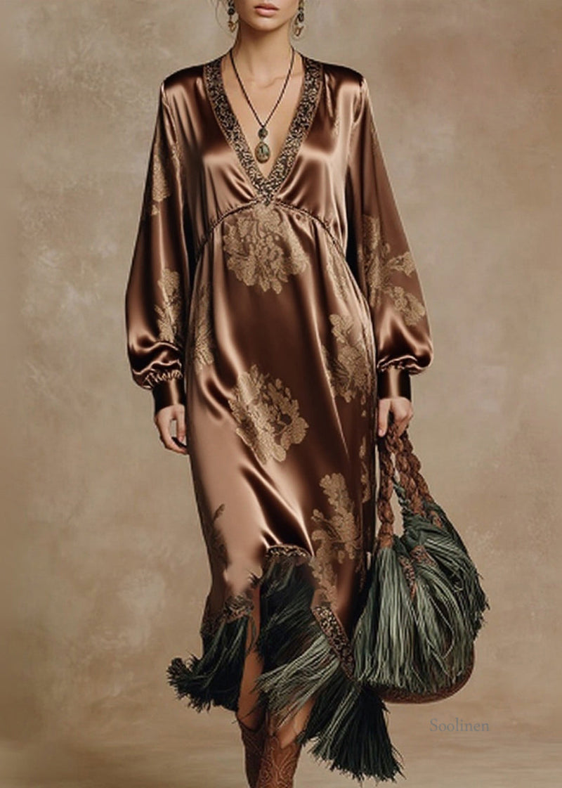 Coffee V Neck Tasseled Print Silk Long Dresses Spring