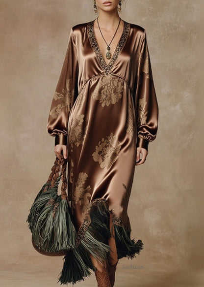 Coffee V Neck Tasseled Print Silk Long Dresses Spring