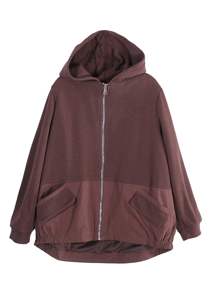 Chocolate Zippered Patchwork Low High Design Hooded Coats Long Sleeve