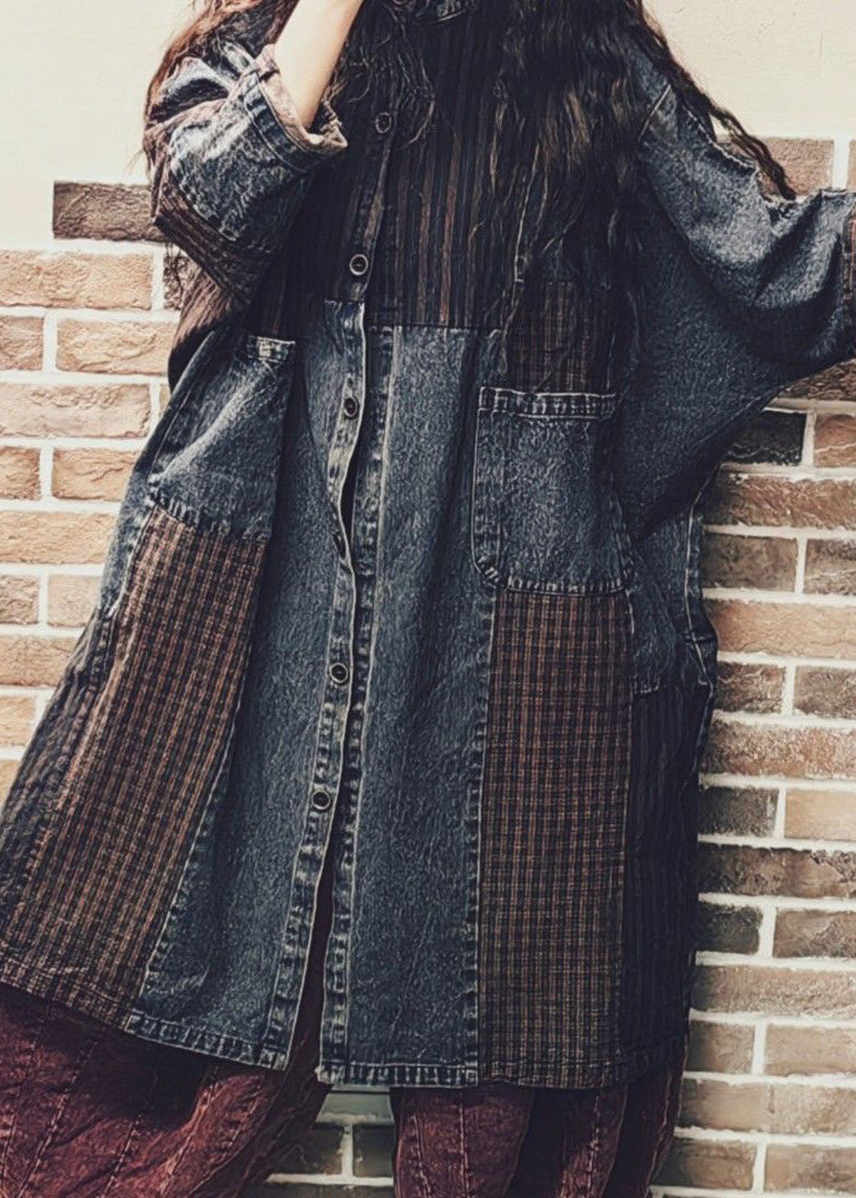 Colorblock Button Pockets Denim Patchwork Coat Fall