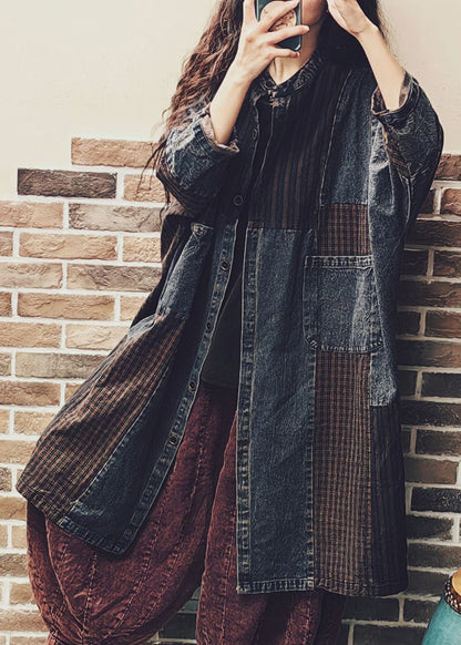 Colorblock Button Pockets Denim Patchwork Coat Fall