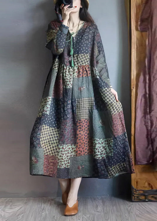 Colorblock Oversized Print Linen Long Dresses Fall
