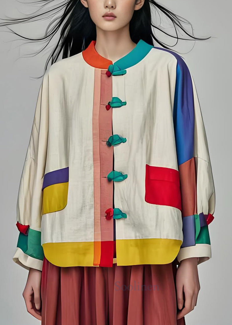 Colorblock Stand Collar Button Patchwork Cotton Coats Long Sleeve