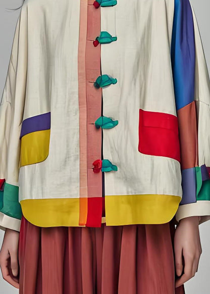 Colorblock Stand Collar Button Patchwork Cotton Coats Long Sleeve