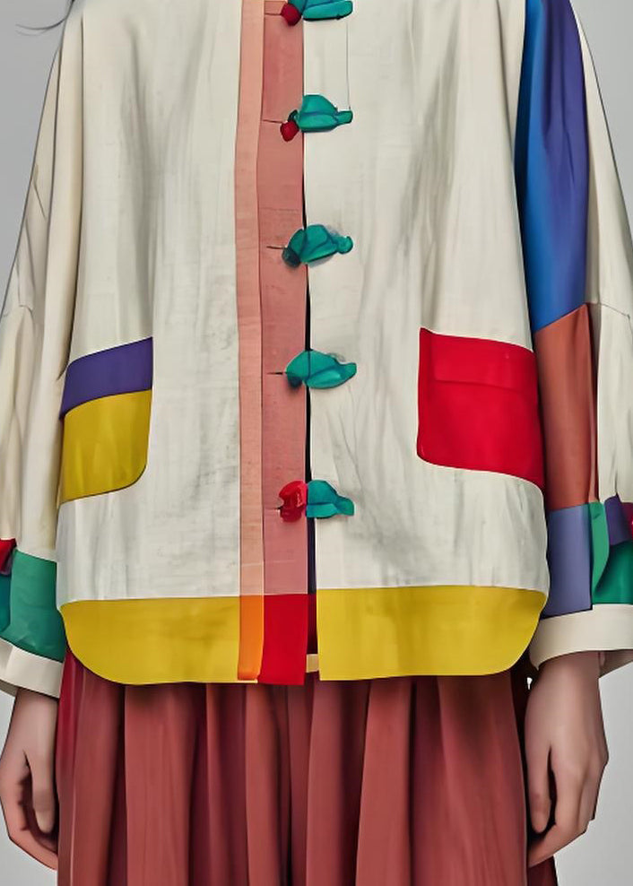 Colorblock Stand Collar Button Patchwork Cotton Coats Long Sleeve