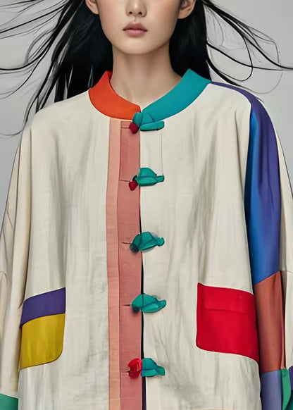 Colorblock Stand Collar Button Patchwork Cotton Coats Long Sleeve