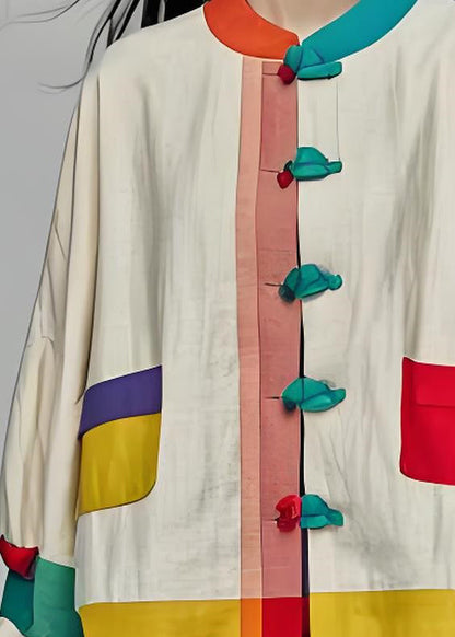 Colorblock Stand Collar Button Patchwork Cotton Coats Long Sleeve