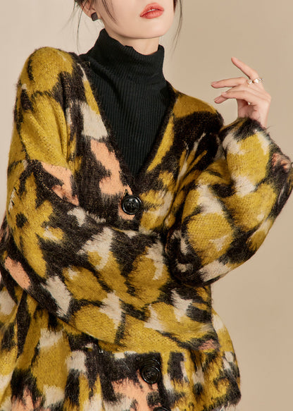 Colorblock V Neck Print Button Cotton Knit Cardigans Spring