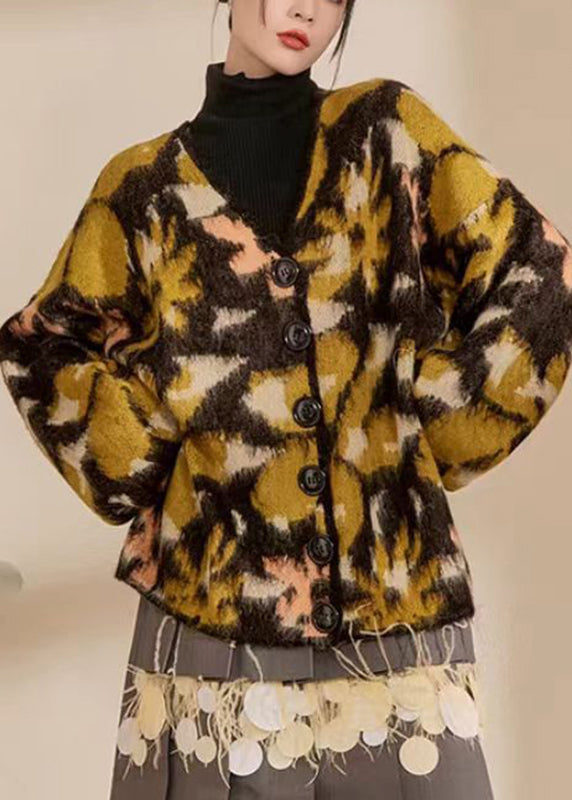 Colorblock V Neck Print Button Cotton Knit Cardigans Spring