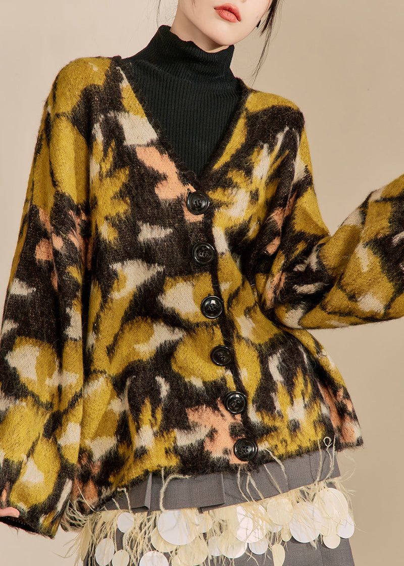 Colorblock V Neck Print Button Cotton Knit Cardigans Spring